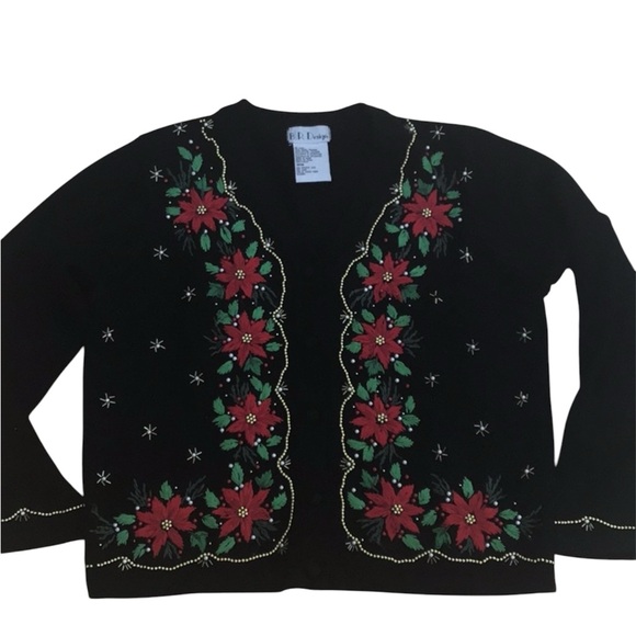 Vintage  Black Embroidered Poinsettia Bead Pearl Winter Party Christmas Sweater - Picture 1 of 11